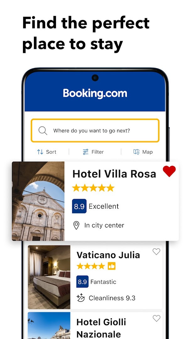 Booking.com app property detail page with room types, free cancellation badge, and booking button.