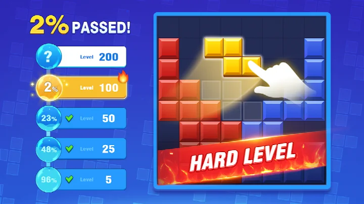 Block Blast! level complete screen with a score summary and next challenge.