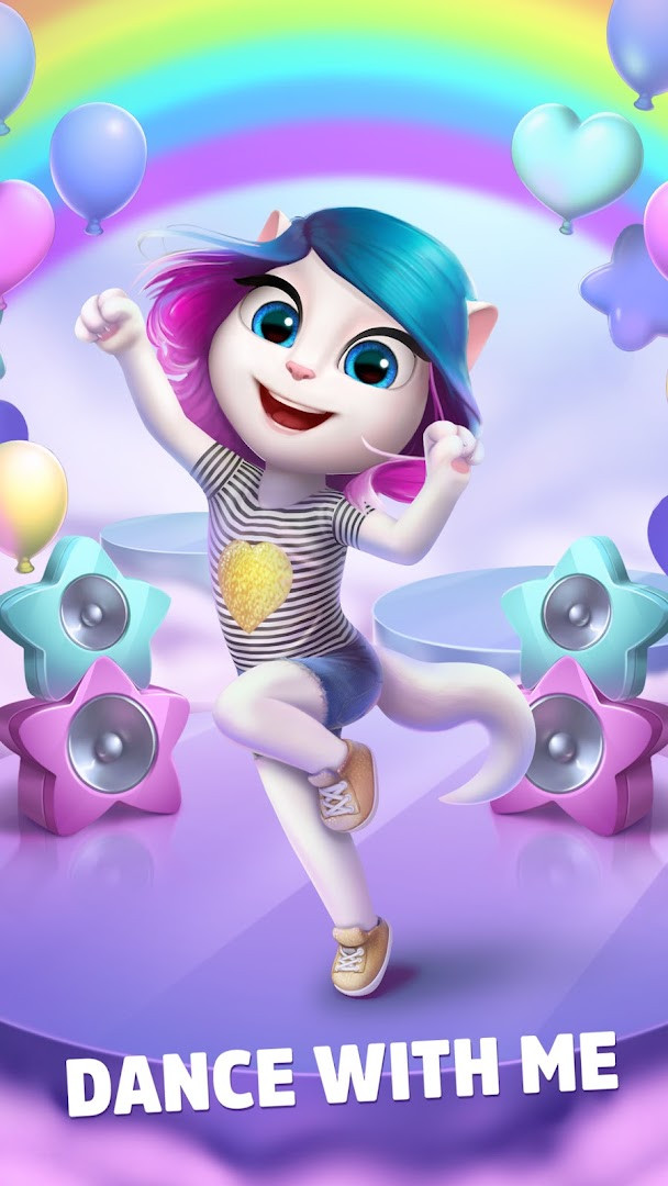 My Talking Angela main screen showing the cat star in her stylish 3D room.