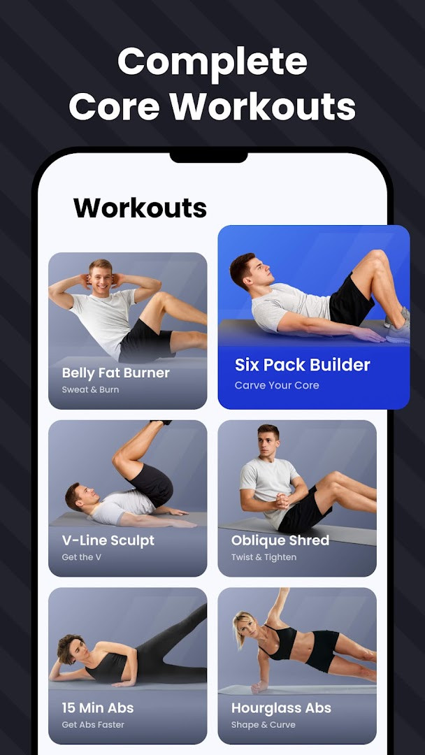 Six Pack in 30 Days workout plan screen listing the Lose Belly Fat, Rock Hard Abs and Six Pack Abs levels