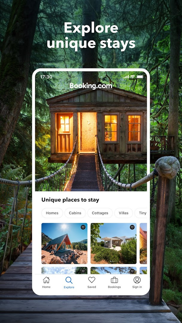 Booking.com app main screen showing search options for stays, flights, car rentals, and attractions.
