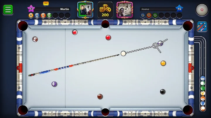 In-game view of 8 Ball Pool during a shot, with aiming guideline visible on the table.