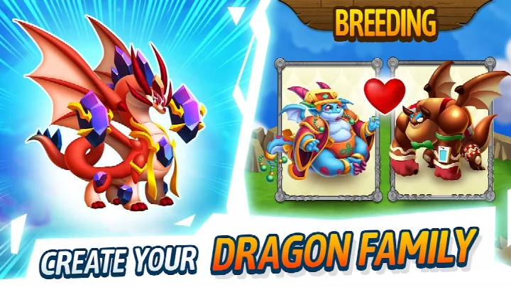 Dragon City: Mobile Adventure main screen with floating islands, dragon habitats, and the city overview.