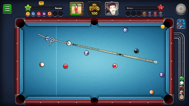 Main menu screen of 8 Ball Pool showing play options and a polished cue stick.