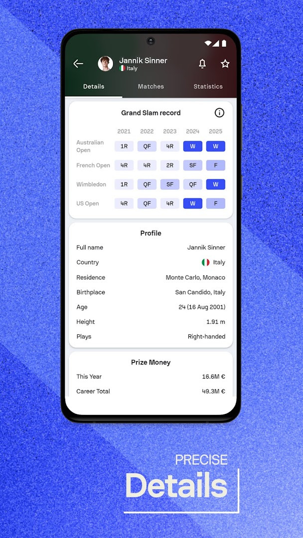 Player profile screen with performance stats and heatmap visualization.