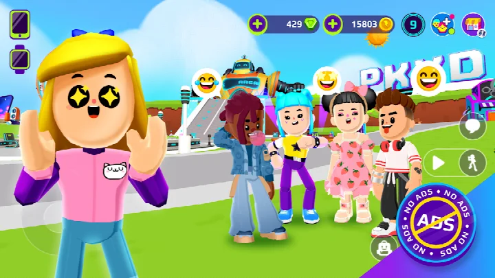 PK XD main screen: open world with avatar standing in a sunny park.