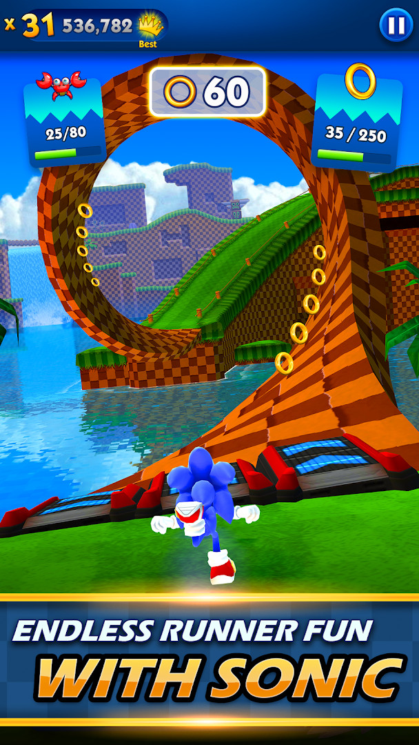 Sonic Dash Run gameplay screenshot showing Sonic running through Green Hill Zone with loop-de-loops.