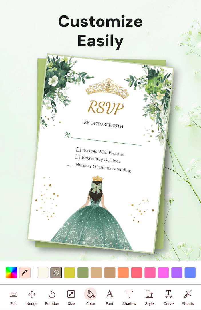 Invitation Maker text, font, and color editing screen