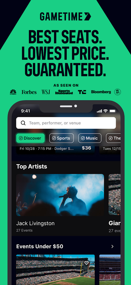 Gametime main screen showing top upcoming events with date filters and category options.