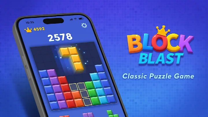 Block Blast! main game screen with an 8x8 board and colorful blocks to drag.