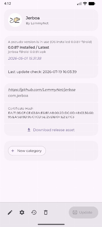 Obtainium app detail view showing version history and an update button
