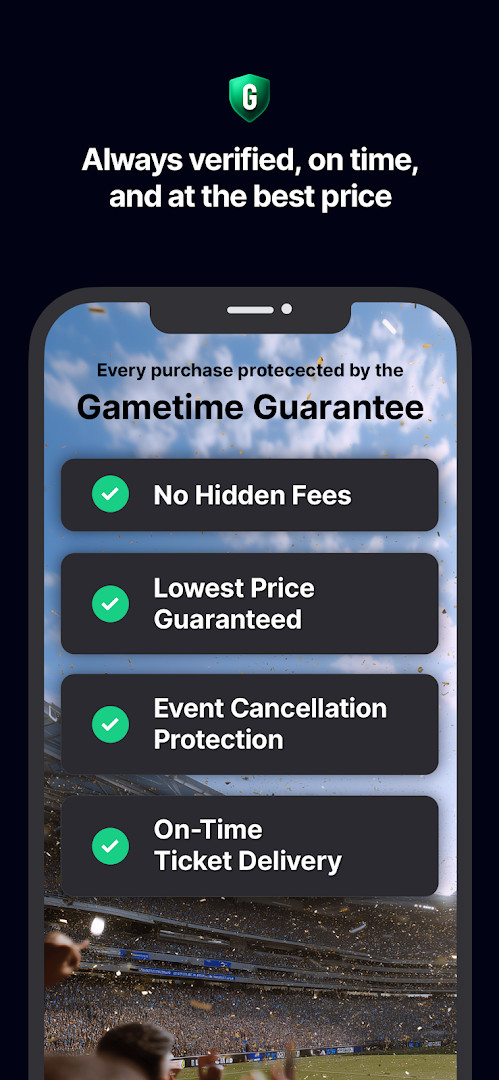 Gametime venue map view for selecting seats with color-coded price sections.