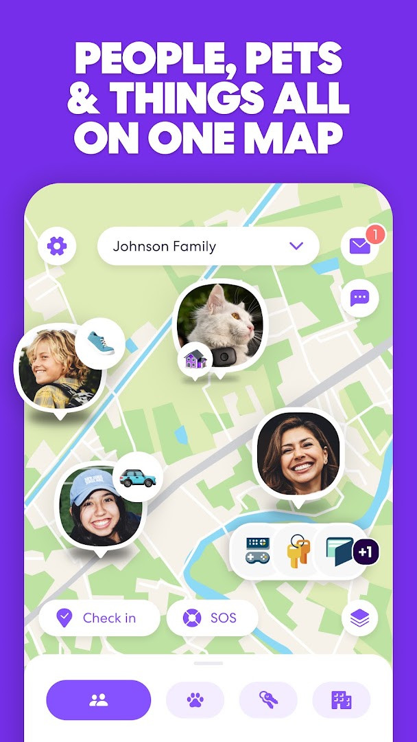 Map view showing family members' real-time GPS locations on a street map