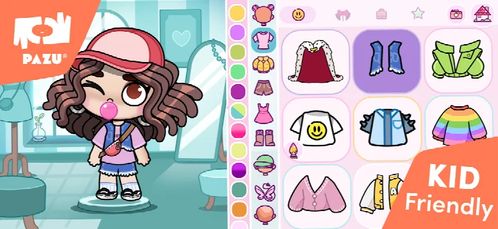 Avatar World character customization screen with hairstyles, outfits, and accessories.