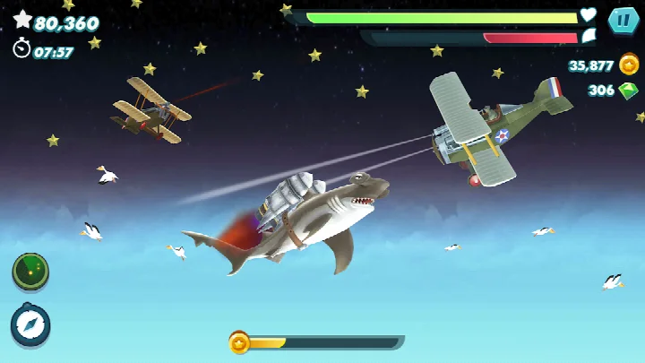 Boss encounter in Hungry Shark Evolution where a shark battles a larger sea creature in deep water.