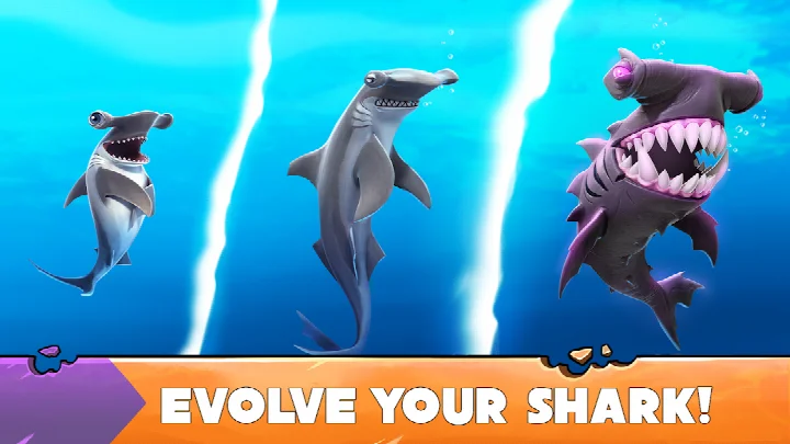 Hungry Shark Evolution equipment screen with jetpacks, lasers, and hats for customizing a shark.